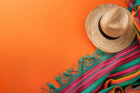 Vibrant orange background with a straw hat and colorful Mexican sarape. Summer fashion and travel concept with a flat lay composition for design and printの素材