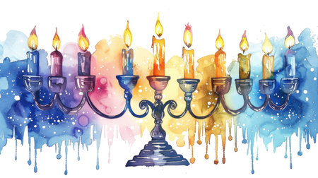 Colorful watercolor menorah with dripping candles. Artistic Hanukkah celebration paintingの素材