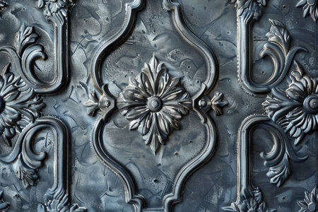 Decorative metal wall panel with ornate floral and scroll designs. Interior design element in vintage style. Architectural detail concept for background and texture.の素材