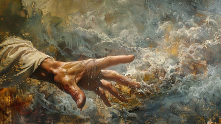 Artistic representation of hands and water. Oil painting with dynamic texture and movement. Human touch and nature interaction concept for design and art printの素材