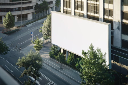 Large bill blankboard over a city street with trees. Urban outdoor advertising space with copy space.の素材