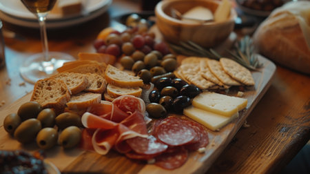 Rustic cheese and charcuterie board with variety of meats, cheeses, and olives. Casual dining concept with wooden serving platterの素材