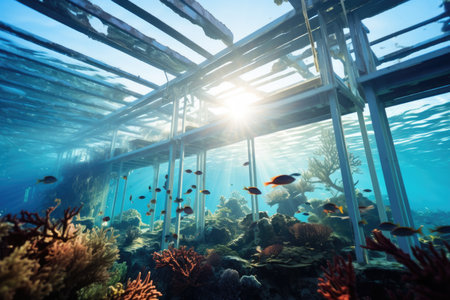 Underwater View of Sunlit Coral Reef Through Architectural Frameworkの素材