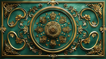 Gold and green ornamental relief panel with floral motifs. Luxurious wall art concept for design and print. Vintage decorative styleの素材