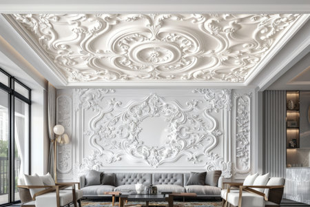 Classical living room with ornate white stucco on the walls and ceiling, elegant gray sofa and decorative plants. Interior design concept for luxury homes with space for textの素材