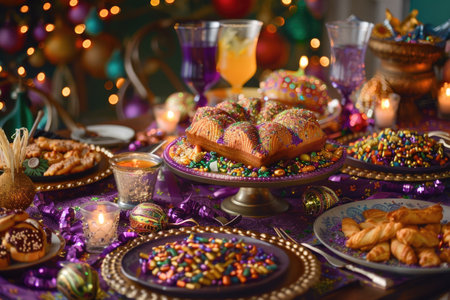 Festive Mardi Gras Table Setting with Traditional King Cake and Decorationsの素材
