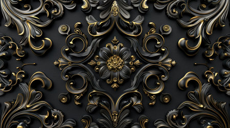 Sophisticated Black Leather with Golden Rococo Motifsの素材