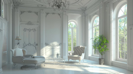 Bright and Airy Classic Living Room Interior with Ornate Moldingsの素材