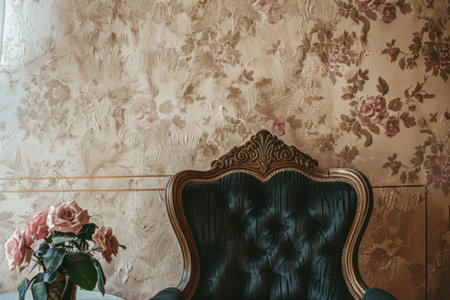 Luxurious Interior Detail with Embossed Botanical Wall Decor and Vintage Chairの素材