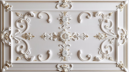 Ornate white plaster relief panel with classic design on a white background. Baroque architecture detail. Luxury and classic interior design element for design and printの素材