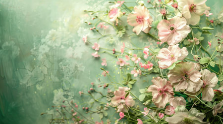 Pink and white flowers with green leaves on a textured green background. Digital art floral wallpaper design with copy space.の素材