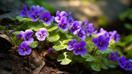 Vibrant Wild Violets in a Lush Forest Settingの素材