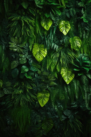 Dense tropical plant wall with variety of green leaves. Vertical garden and botanical design concept for design and print. Macro shot with deep green huesの素材