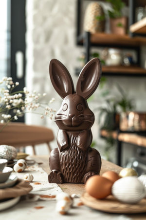 Chocolate Easter Bunny with Painted Eggs Among Spring Flowersの素材