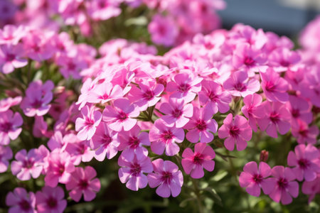 Pink phlox flowers in natural sunlight. Botanical garden and spring concept. Design for wallpaper, textile. Macro shot with shallow depth of fieldの素材