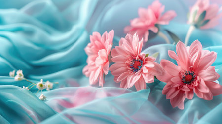 Delicate Pink Flowers on Wavy Cyan Fabric Backgroundの素材
