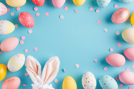 Pastel Easter Eggs with Bunny Ears Headband and Confetti on Blue Background. Flat lay composition with copy space.の素材