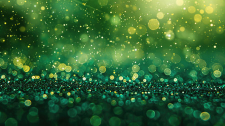 Abstract bokeh lights in green and yellow, Patricks Day holiday symbol. Festive background with glitter and sparkle for design and print. Close-up with copy spaceの素材
