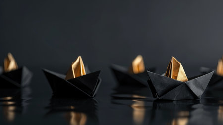 Black origami boats with a standout golden boat on a wet surface. Leadership concept with paper crafts for design and print. Studio photography with a focus on contrast and uniquenessの素材