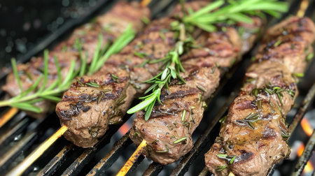 Grilled beef skewers with fresh rosemary on a barbecue grill. Close-up food photography with a focus on detail. Cooking and culinary concept for design and printの素材