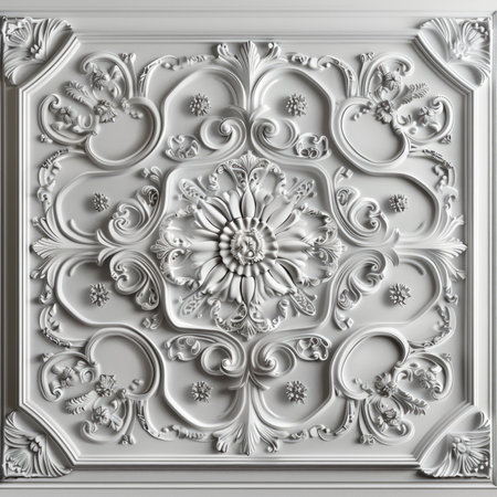 Silver decorative ceiling tile with classical floral design. Elegant plasterwork for luxury interior decorationの素材
