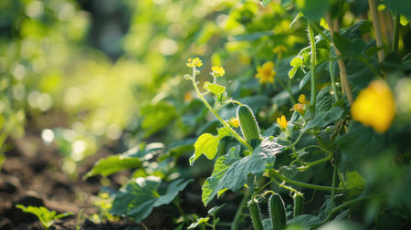 Sunlit cucumber plants with yellow flowers growing in soil. Organic gardening and agriculture concept.の素材