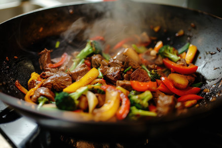 Stir-fried beef with vegetables in a wok on a stovetop. Asian cuisine and cooking concept. Action shot with steamの素材