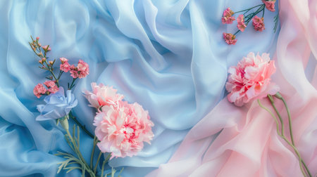 Delicate carnations on pink and blue flowing silk. Soft focus macro photography. Spring fashion and textile design conceptの素材