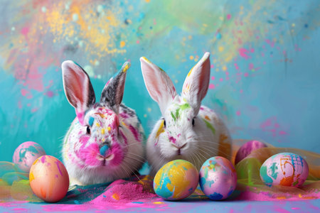 Painted bunnies with Easter eggs on colorful splattered background. Studio portrait with copy space. Easter and springtime celebration concept for poster and banner designの素材