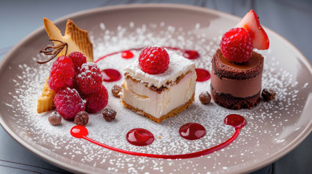 Assorted gourmet desserts on a plate with fresh raspberries and artistic chocolate decoration. Studio shot for menu design and culinary art presentation with place for textの素材