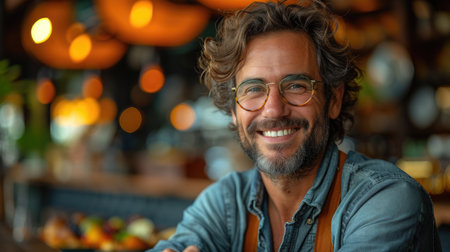 Cheerful Man with Curly Hair Wearing Glasses in a Cafeの素材
