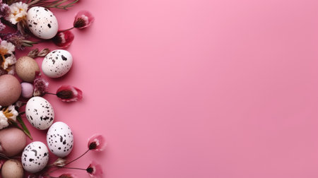 Easter eggs and flowers on pink background. Flat lay composition with place for text. Easter celebration concept for greeting card designの素材