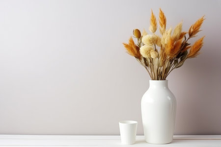 Dried autumn bouquet in a white vase next to a white cup on a white shelf. Studio still life photography with copy space.の素材