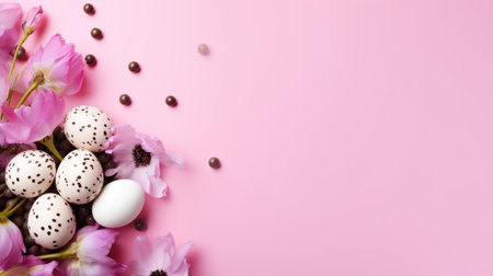 Easter eggs and flowers on pink background. Flat lay composition with place for text. Easter celebration concept for greeting card designの素材