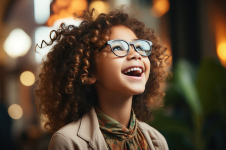 Happy young girl with glasses looking up and laughing. Curly hair children's portrait in natural light. Joy and childhood concept for design and printの素材
