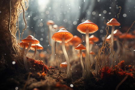 Cluster of glowing orange mushrooms in a mystical forest setting. Macro shot with bokeh lights. Nature and magic concept for design and wallpaperの素材