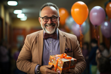 An elated grandfather with a bowtie and gift, his laughter adding to the festive atmosphere of a colorful birthday celebrationの素材