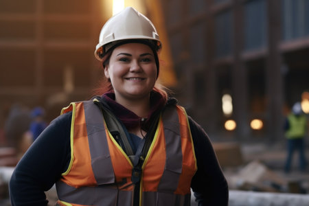 Female construction worker with hard hat and reflective vest. On-site occupational portrait with building background. Industry and workforce conceptの素材