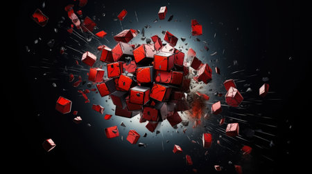 Exploding red cubes in a dynamic composition on a dark background. Abstract destruction and chaos concept for design and printの素材
