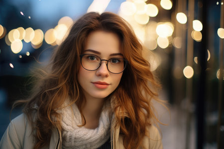 Portrait of young woman with glasses at twilight with city lights bokeh. Casual winter fashion and urban lifestyle conceptの素材