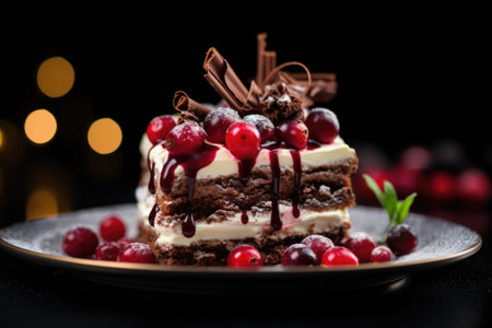 Layered chocolate cake with cream, red currants, and chocolate shavings on a gray plate. Gourmet dessert and patisserie concept with bokeh lights background.の素材
