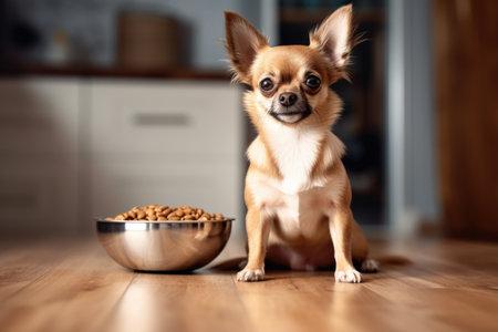Chihuahua dog with bowl of food on wooden floor. Pet nutrition and care concept for design and print. Domestic animal portrait with copy spaceの素材
