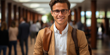 Smiling young man with glasses in a business casual outfit at an office corridor. Lifestyle portrait with blurred background.の素材
