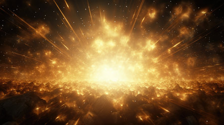 Impressive cosmic explosion with starburst and rock debris. Sci-fi or space exploration concept. Design for book cover, poster, science fiction backgroundの素材