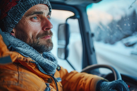 Bearded man in winter clothing driving a truck. Winter season and transportation concept. Design for banner, posterの素材