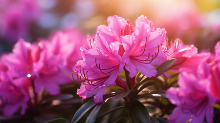 Pink azalea flowers in bloom with water droplets, backlit by sunlight. Springtime and nature concept for greeting card or invitationの素材