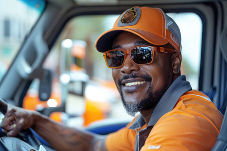 Smiling man wearing orange cap and sunglasses driving a vehicle. Professional portrait with selective focus. Driver occupation and transportation conceptの素材