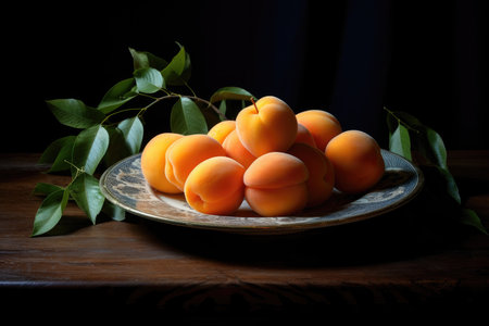 Apricots on a porcelain plate with green leaves and a traditional teapot on a wooden surface. Still life composition with copy space.の素材