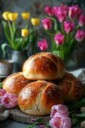 Freshly baked sweet buns on wooden board with tulips on dark background. Gourmet and Easter celebration concept for design and printの素材