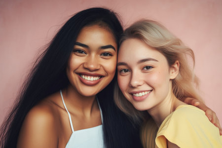Two smiling women with curly and wavy hair posing together. Friendship and diversity concept. Studio portrait with a textured gray backgroundの素材